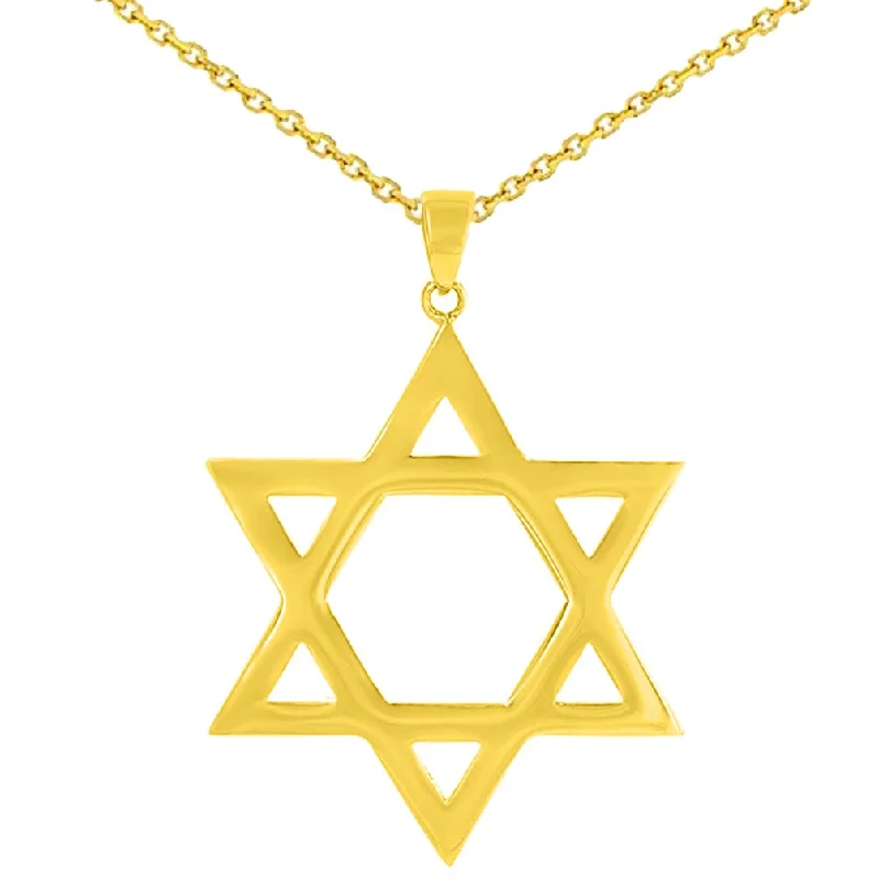 women circular necklaces -Solid 14K Yellow Gold Large Star of David Charm Jewish Symbol Pendant Necklace