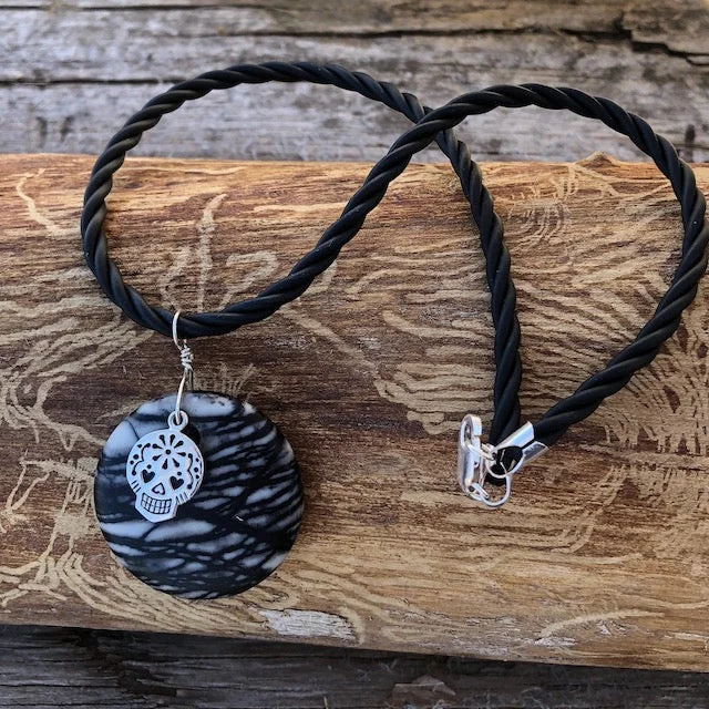 women eco-friendly necklaces -Black silk agate stone pendant necklace with silver sugar skull charm