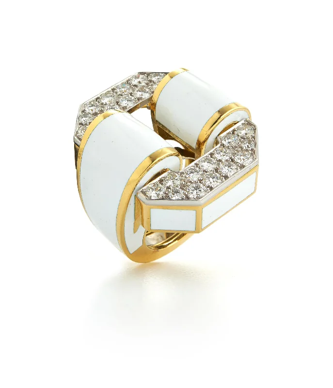 women wide wedding rings -Octagonal Buckle Ring, White Enamel