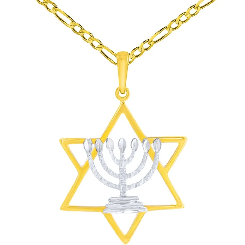 women gold plated necklaces -14K Two-Tone Gold Jewish Star of David with Textured Menorah Pendant Figaro Chain Necklace