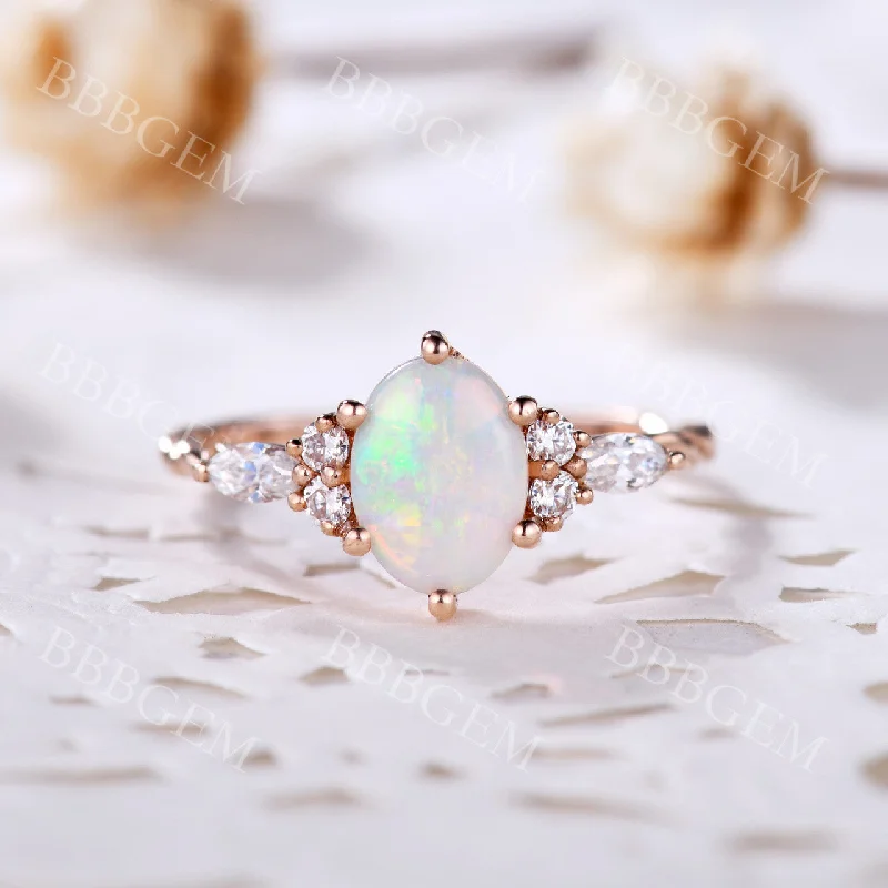 rustic engagement rings -1.5CT Unique White Fire Opal Engagement Ring Twist Rose Gold Wedding Band