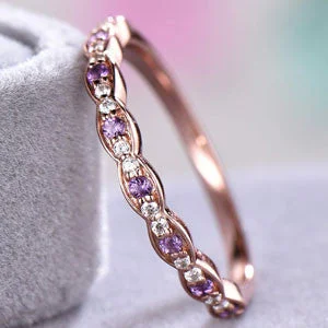 luxury solitaire engagement rings -Amethyst Diamond Wedding Band Engagement Ring 14k Rose Gold Half Eternity Antique Marquise Bridal Stacking Birthstone