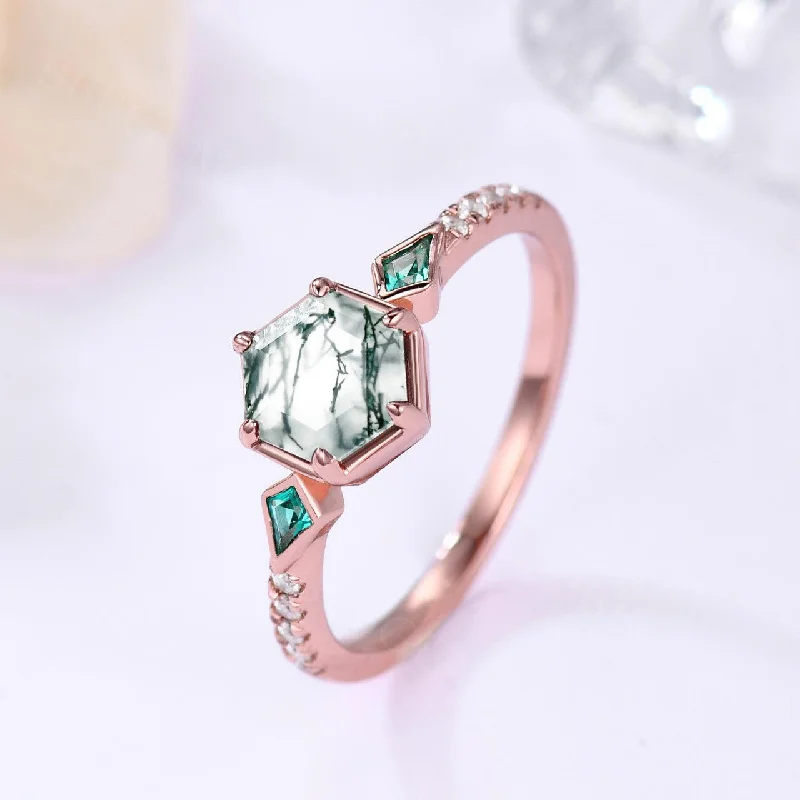 antique diamond engagement rings -Geometric Rose Gold Green Moss Agate Ring Step Cut Hexagon Moss Agate Emerald Engagament Rings