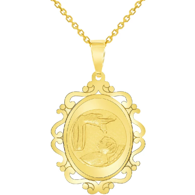 women sterling silver necklaces -14k Yellow Gold Religious Baptism Christening On Elegant Ornate Medal Pendant Necklace