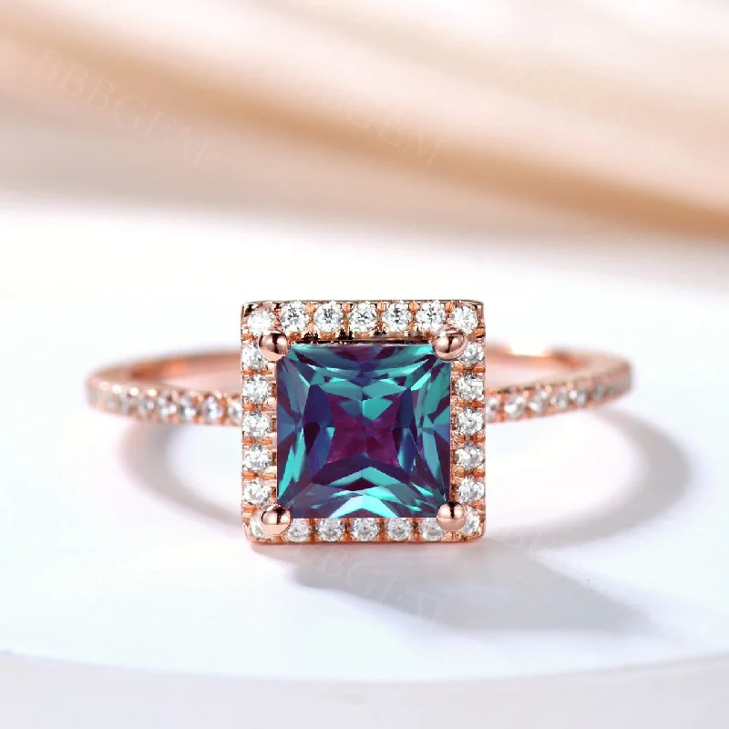 engagement rings with colored stones -Rose Gold 6mm Princess Cut Alexandrite Engagement Ring Diamond Halo Wedding Band