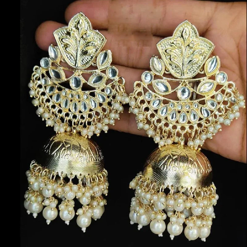 women sapphire earrings -Lucentarts Jewellery Gold Plated Kundan Stone And Pearls Jhumki