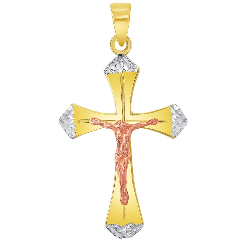 women luxurious gemstone necklaces -14k Yellow Gold and Rose Gold Textured Tri-Tone Religious Cross Jesus Crucifix Pendant