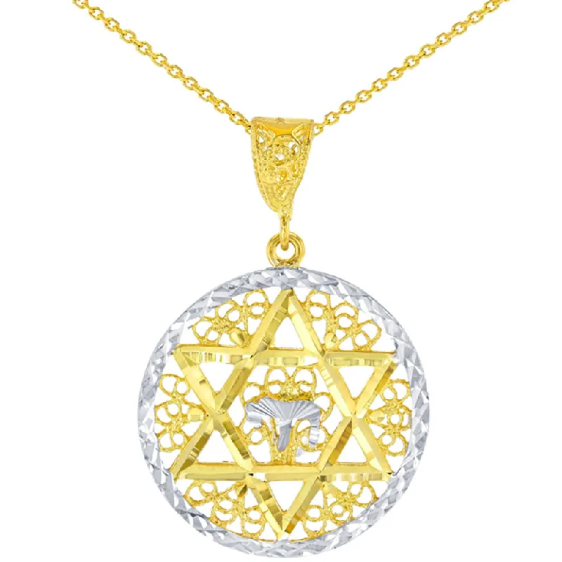 women star-shaped necklaces -Solid 14K Yellow Gold Round Filigree Star of David with Chai Symbol Pendant Necklace