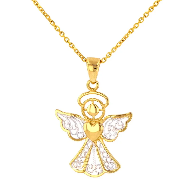 women handmade necklaces -Polished 14K Gold Filigree Angel with Heart Pendant Necklace