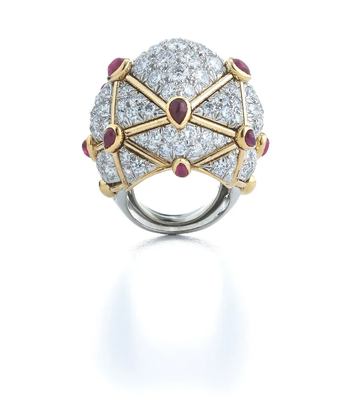 women art deco wedding bands -Geodesic Dome Ring, Rubies, Diamonds