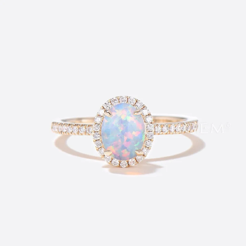 three-stone engagement rings -White Opal Engagement Ring Moissanite Diamond Halo Bridal Ring