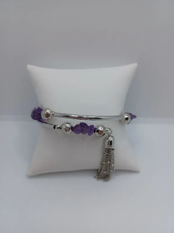 women diamond bracelets -Silver Coil Style Bracelet w/ Purple Stone Accents