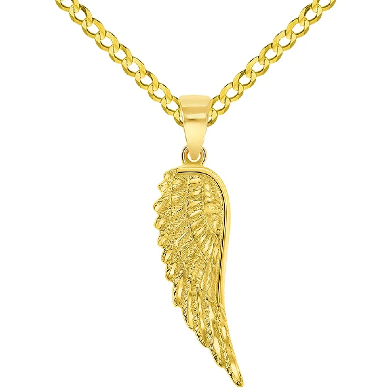 women designer necklaces -Solid 14k Gold Textured Angel Wing Charm Pendant with Cuban Curb Chain Necklace - Yellow Gold