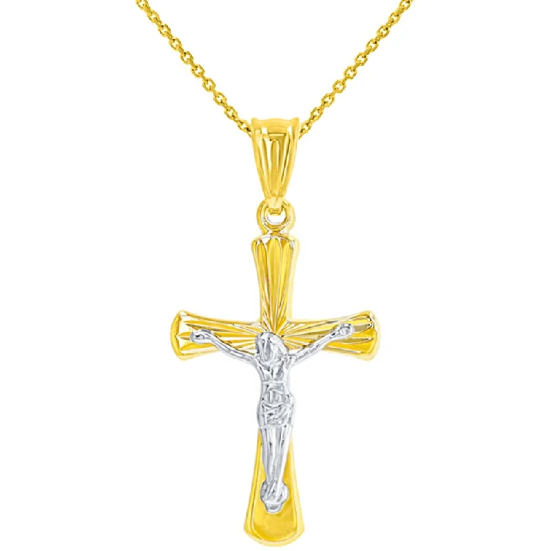 women natural stone necklaces -High Polish 14K Two Tone Gold Textured Cross Passion Crucifix Pendant Necklace