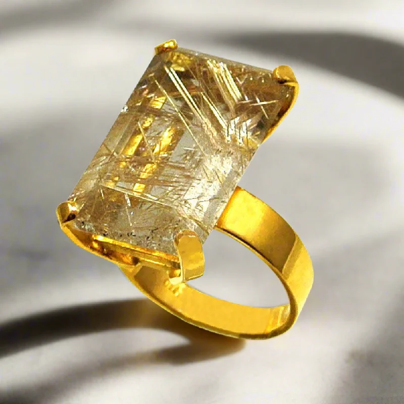 women double band rings -Ring in 18k Gold with a faceted rutile quartz stone (B-56)