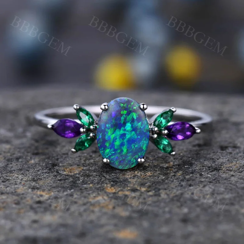 round diamond engagement rings -Rose Gold 1.5CT Oval Cut Black Opal Engagement Ring Marquise Amethyst Emerald