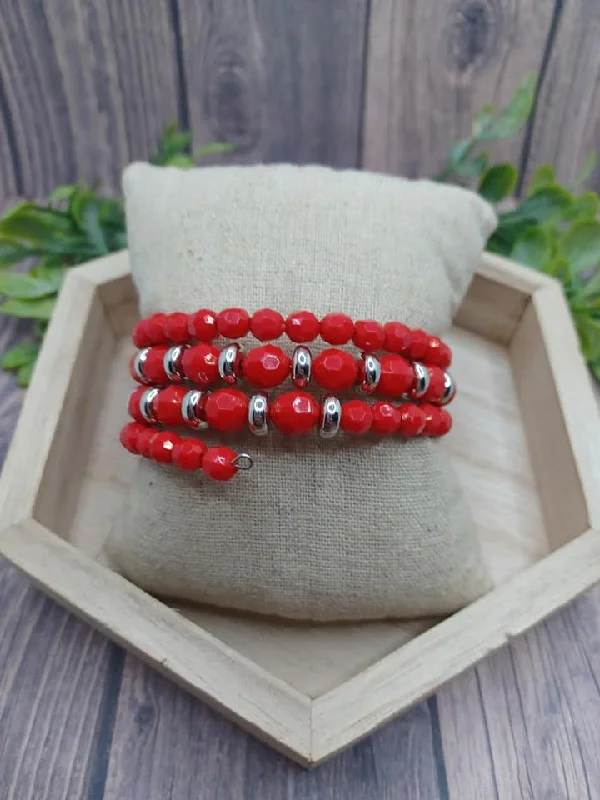 women pearl bracelets -Red & Silver Beaded Coil Style Bracelet