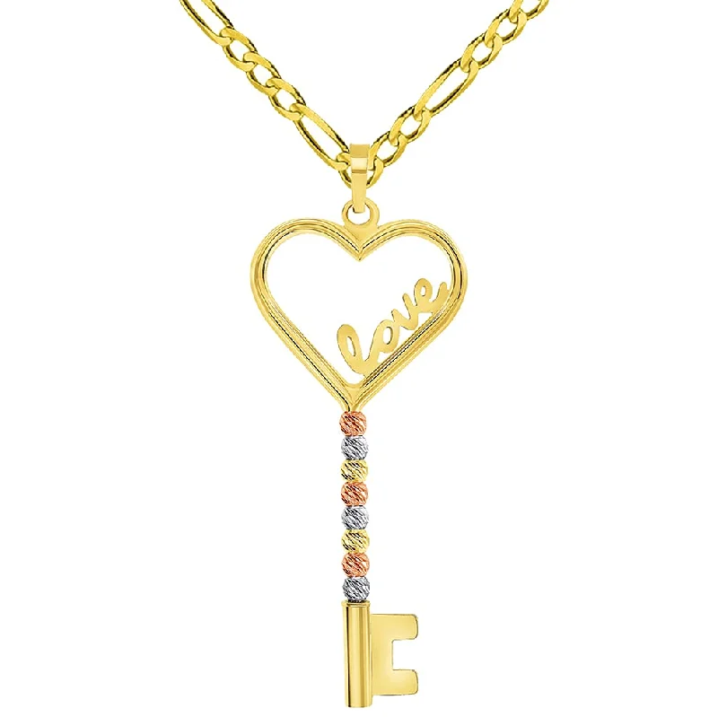 women wedding necklaces -14k Tri-Color Gold Love Written Open Heart Beaded Key Pendant with Figaro Chain Necklace