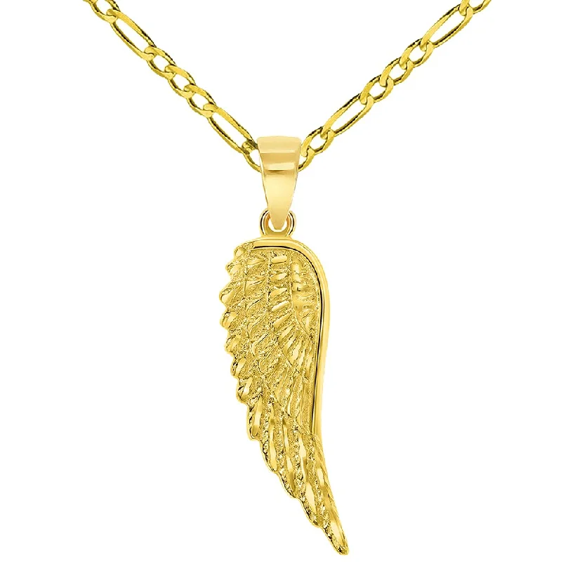 women vintage necklaces -Solid 14k Gold Textured Angel Wing Charm Pendant with Figaro Chain Necklace  - Yellow Gold