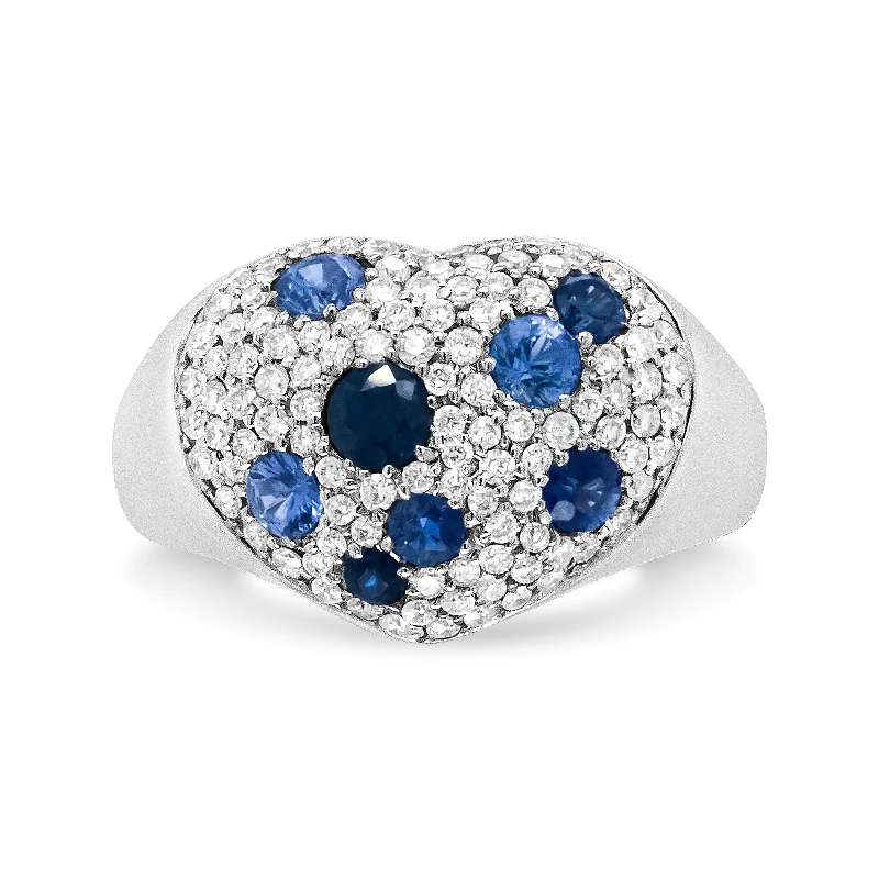 platinum engagement rings -18K White Gold Blue Sapphire and 5/8 Cttw Diamond Cluster Heart Shaped  Ring