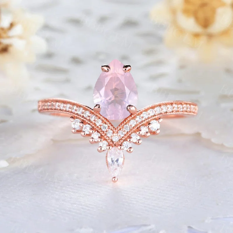 yellow gold engagement rings -Vintage Pear Cut Rose Quartz Engagement Ring Moissanite Wedding Band