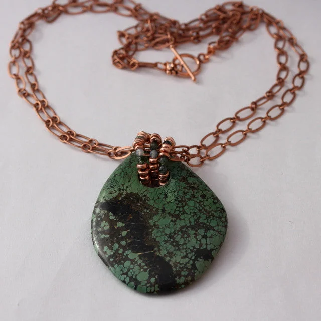 women engraved gold necklaces -Green chrysocolla stone pendant on copper chain necklace