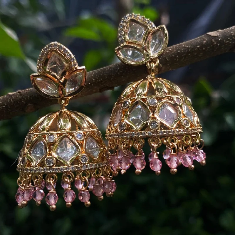 women gold dangle earrings -Royal Kundan Jewellery Gold Plated Polki Kundan Jhumki Earrings