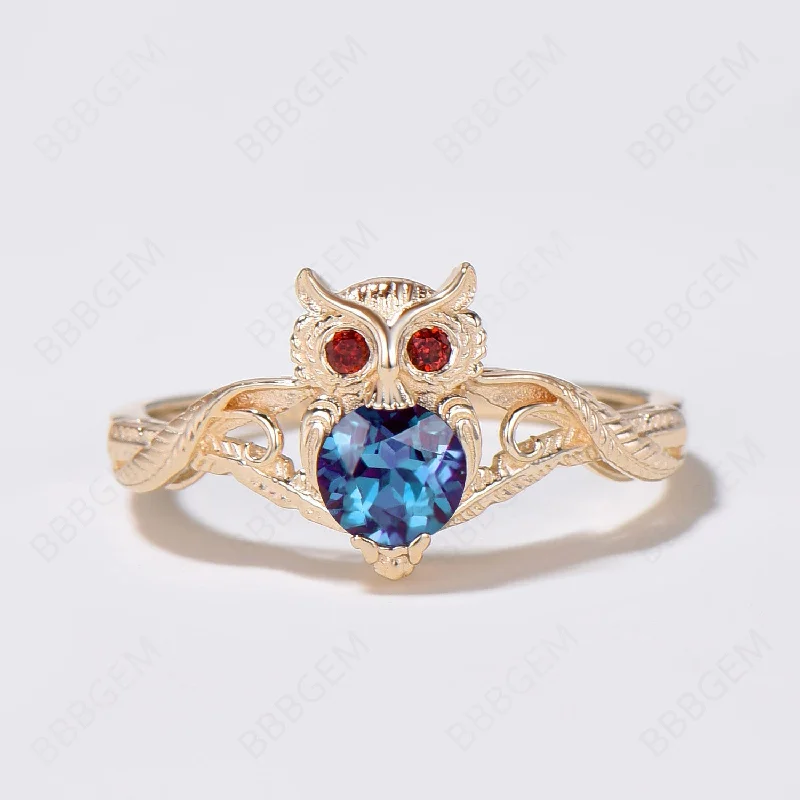 colored gemstone engagement rings -Owl Engagement Ring Twig Vine Round Alexandrite Garnet Ring