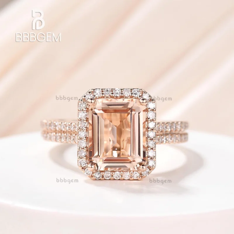 gold engagement rings -4 Carat Yellow Gold Natural Morganite Diamond Halo Engagement Ring 8x10mm Emerald Cut