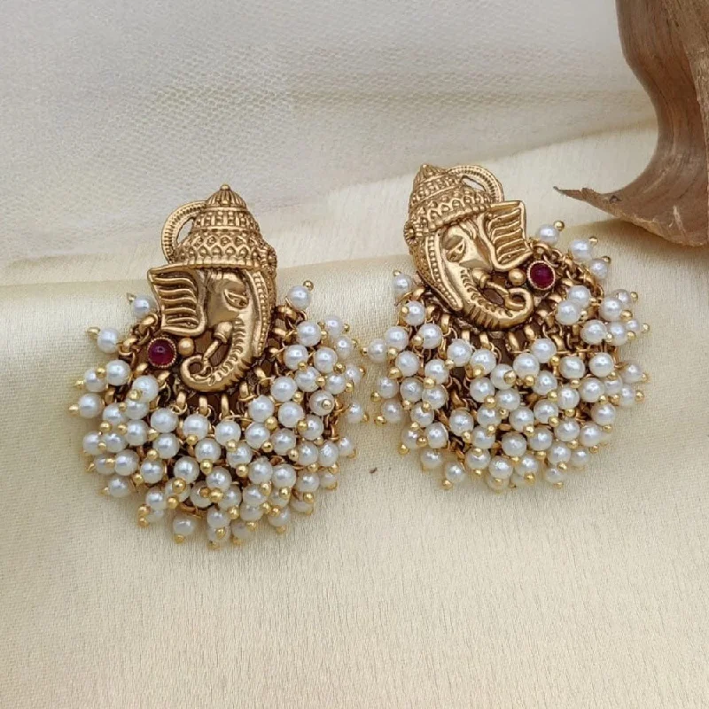 women unique gemstone earrings -Joyful Jewel Art Matte Gold Plated Pota Stone And Pearl Lord Ganesha Dangler Earrings