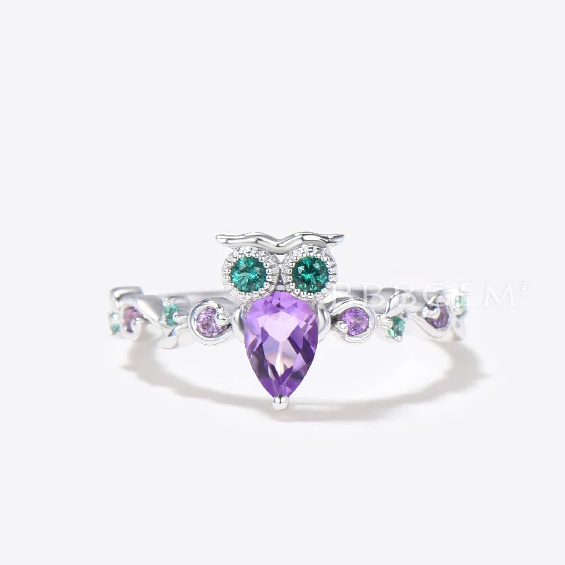 solitaire engagement rings -Owl Amethyst Engagement Ring Twig Vine Pear Cut Amethyst Ring