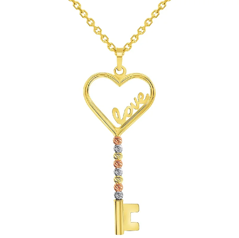 women chunky necklaces -14k Tri-Color Gold Love Written Open Heart Beaded Key Pendant Necklace