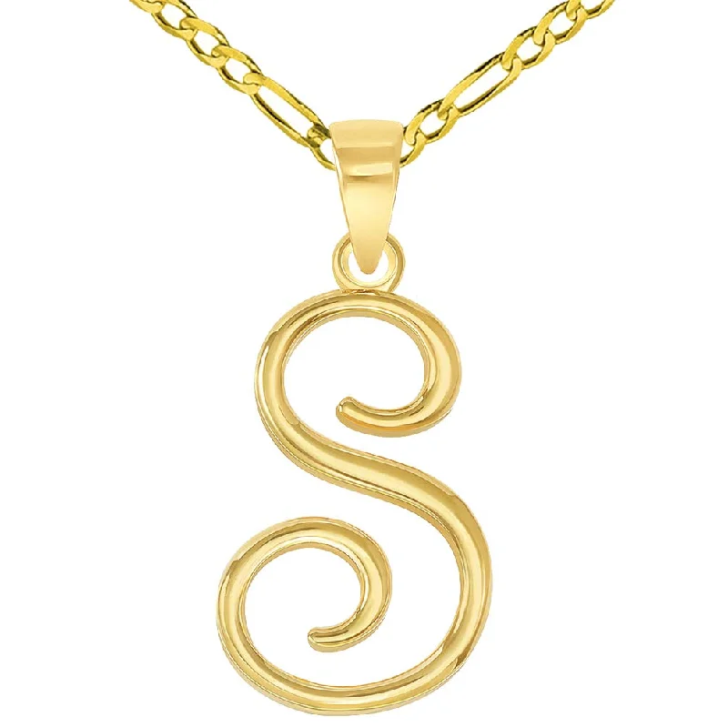 women silver link necklaces -14k Yellow Gold Elegant Script Letter S Cursive Initial Pendant with Figaro Chain Necklace