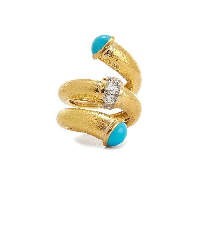 women two-tone rings -Turquoise Pipe Ring, Hammered 18K Gold