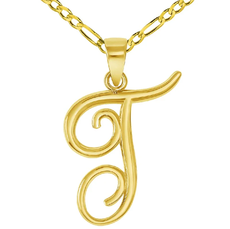 women colorful gemstone necklaces -14k Yellow Gold Elegant Script Letter T Cursive Initial Pendant with Figaro Chain Necklace