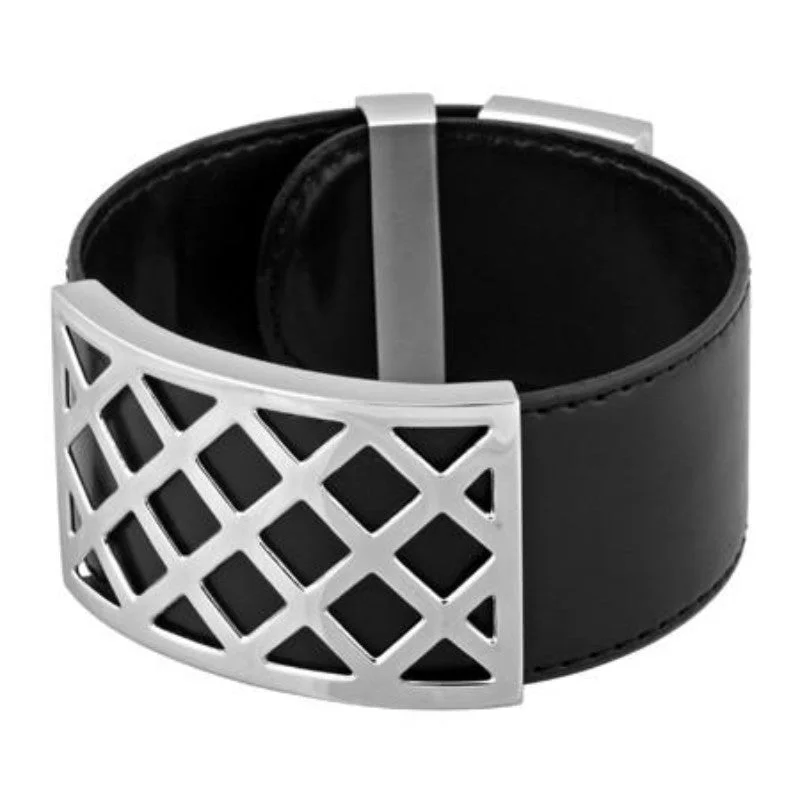 women double band bracelets -Motley Black Leather & Stainless Steel Bracelet