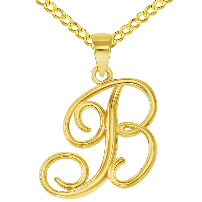 women twisted chain necklaces -14k Yellow Gold Elegant Script Letter B Cursive Initial Pendant with Curb Chain Necklace