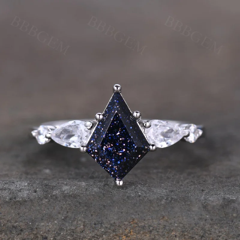 affordable engagement rings -10x7mm Kite Cut Blue Sandstone  Engagement Ring Pear Round Cut Moissanite In White Gold