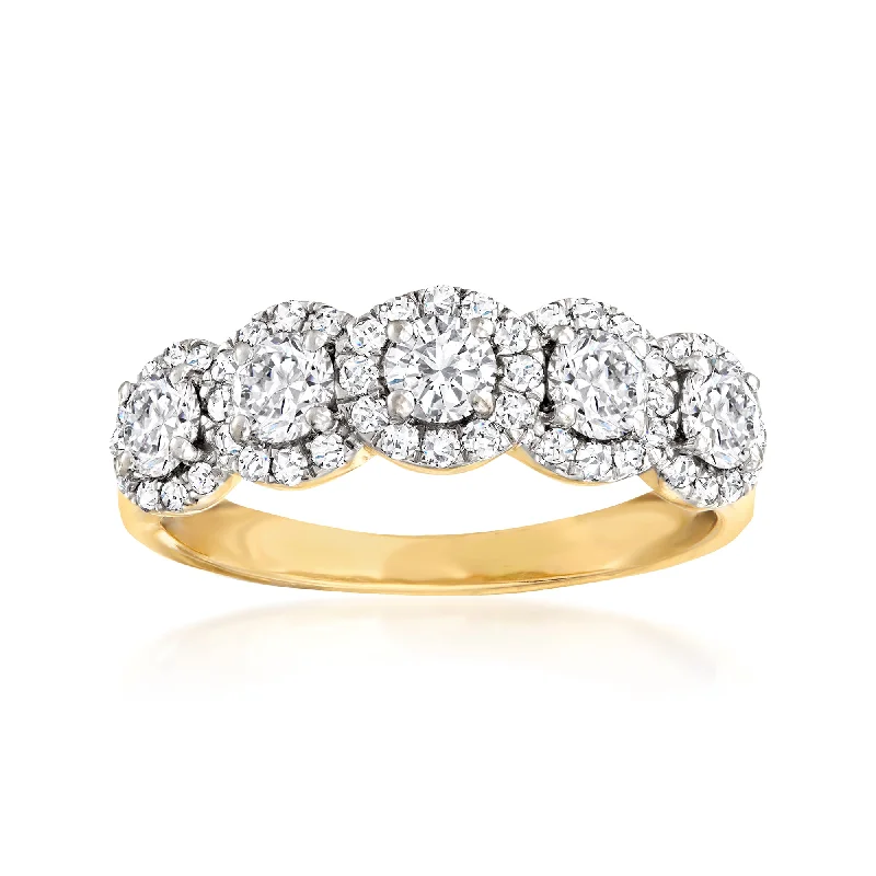 unique engagement rings -Ross-Simons Diamond 5-Stone Halo Ring in 14kt Yellow Gold