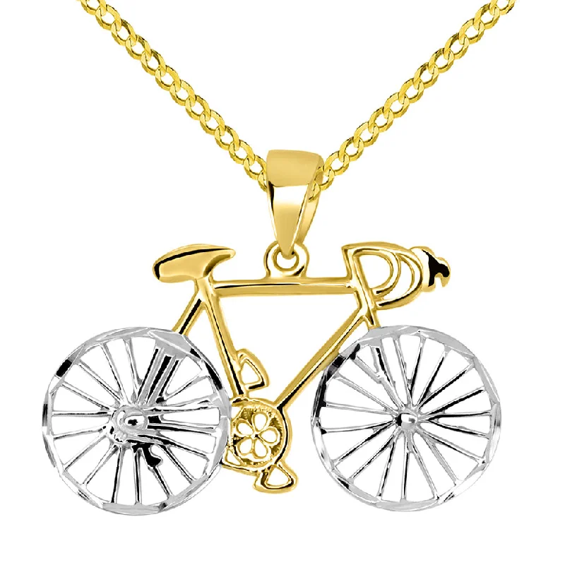 women gemstone pendant necklaces -14k Yellow Gold Two-Tone Bicycle Bike with Textured Wheels Pendant Cuban Chain Necklace