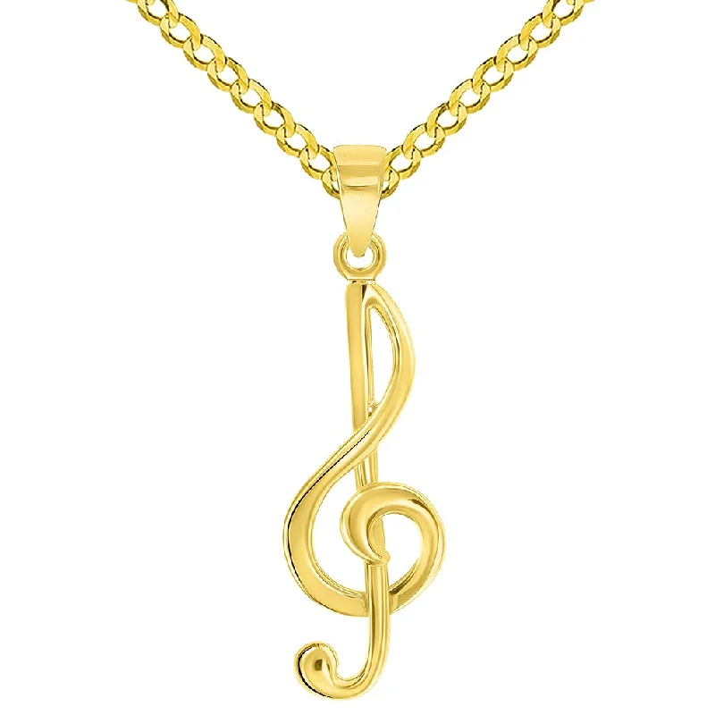 women long necklaces -Solid 14k Yellow Gold G Clef Musical Symbol Charm Music Note Pendant with Cuban Curb Chain Necklace