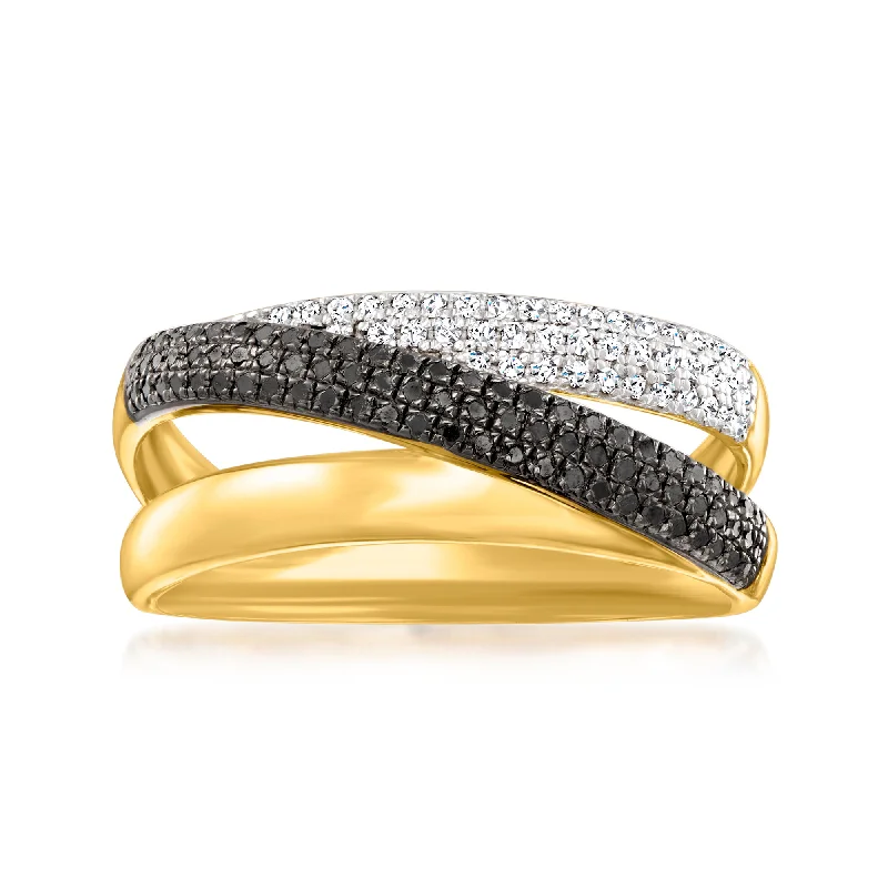 affordable solitaire engagement rings -Ross-Simons Black and White Diamond 3-Band Ring in 18kt Gold Over Sterling