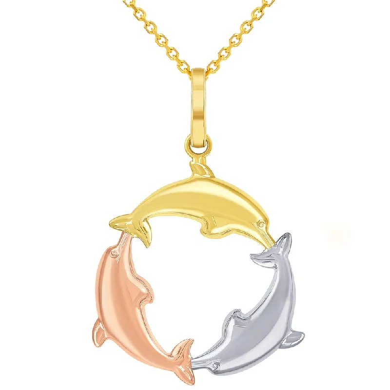 women silver chain necklaces -High Polish 14k Tri-Color Gold Dolphin Circle Pendant Necklace