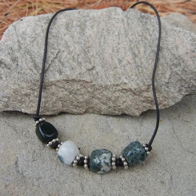 women heart-shaped pendant necklaces -Men's cord necklace with moss agate nuggets