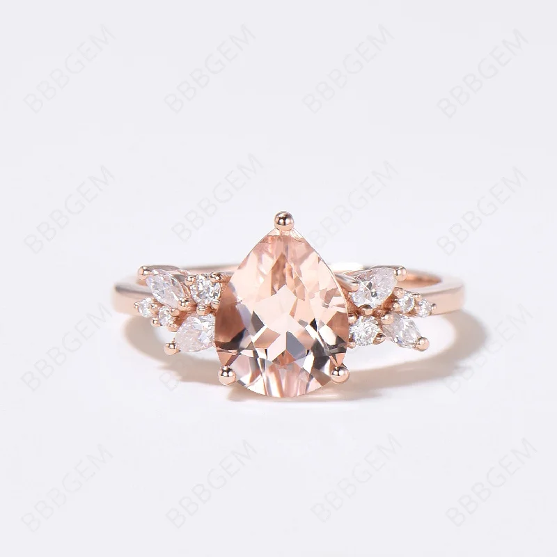 sapphire solitaire engagement rings -Vintage Teardrop Natural Morganite Engagement Ring Rose Gold Cluster Moissanite Wedding Ring Pear Shaped Peach Morganite Ring for Women