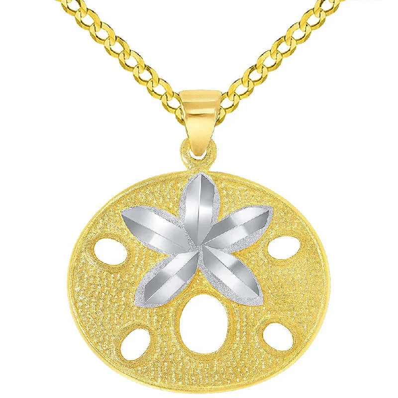 women designer gold necklaces -Solid 14k Yellow Gold Sand Dollar Two Tone Sea Star Shell Pendant with Cuban Curb Chain Necklace