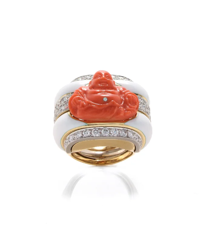 women diamond rings -Carved Coral Buddha Ring