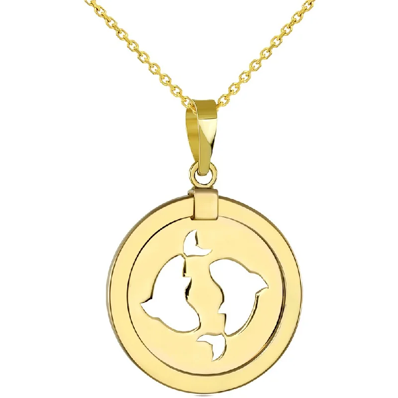 women artistic pendant necklaces -14K Yellow Gold Reversible Round Pisces Zodiac Sign Pendant Necklace