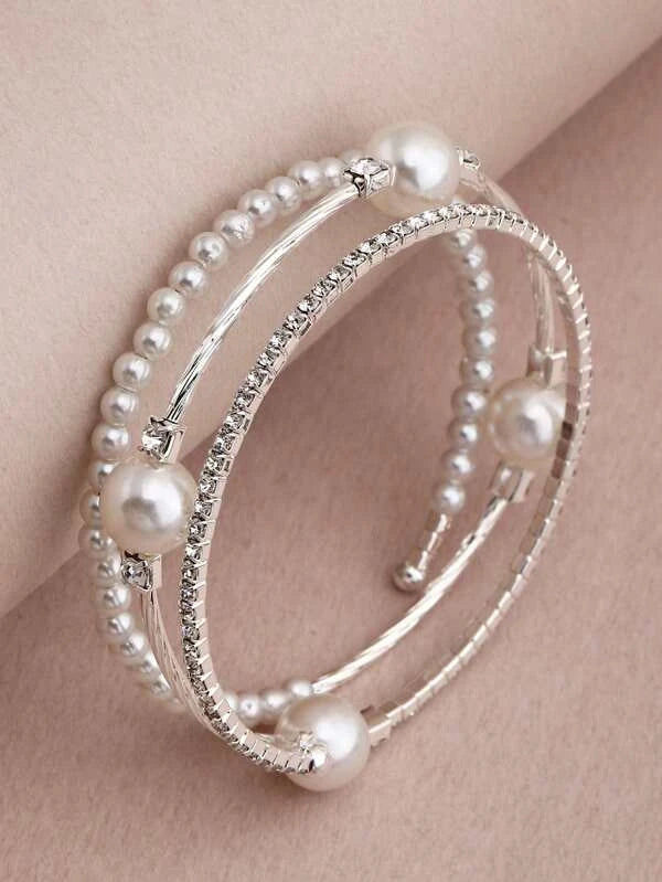 women silver bangles -White Pearl & Rhinestone Coil Bracelet