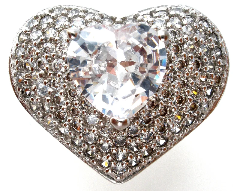 women promise rings -Large Heart Ring with Clear CZ's Size 8